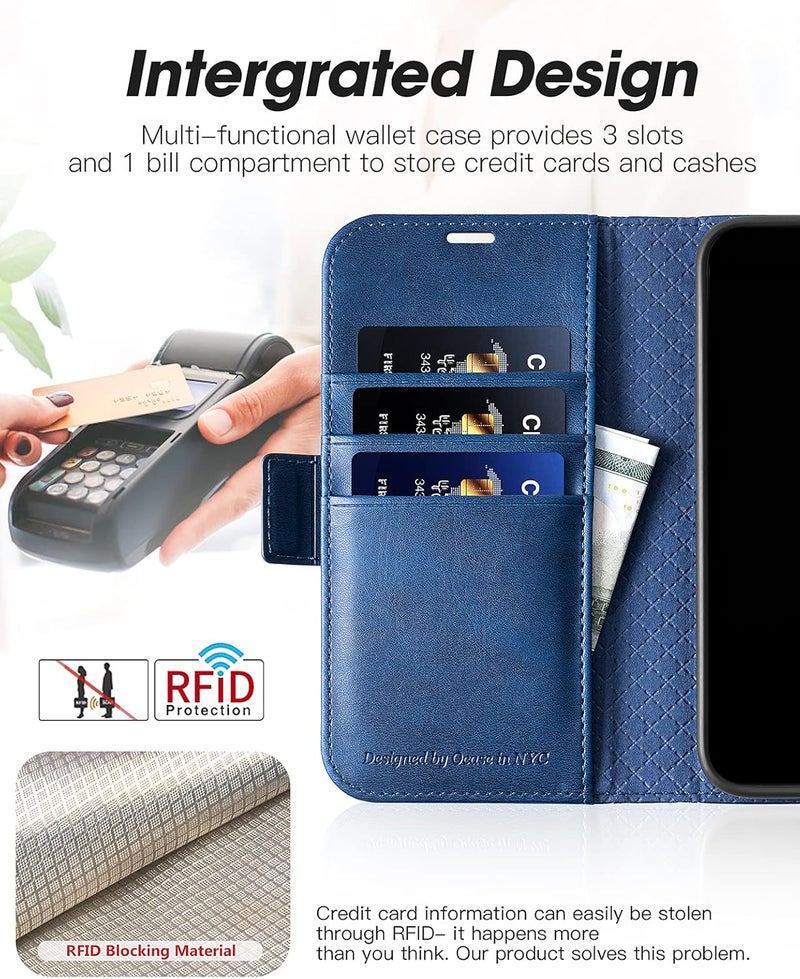 OCASE Retro Series Compatible with iPhone 13 Wallet Case with Card Holders [RFID Blocking][TPU Inner Shell ][Kickstand] PU Leather Flip Folio Shockproof Phone Cover 6.1 inch 2021 (Blue) - Image 3